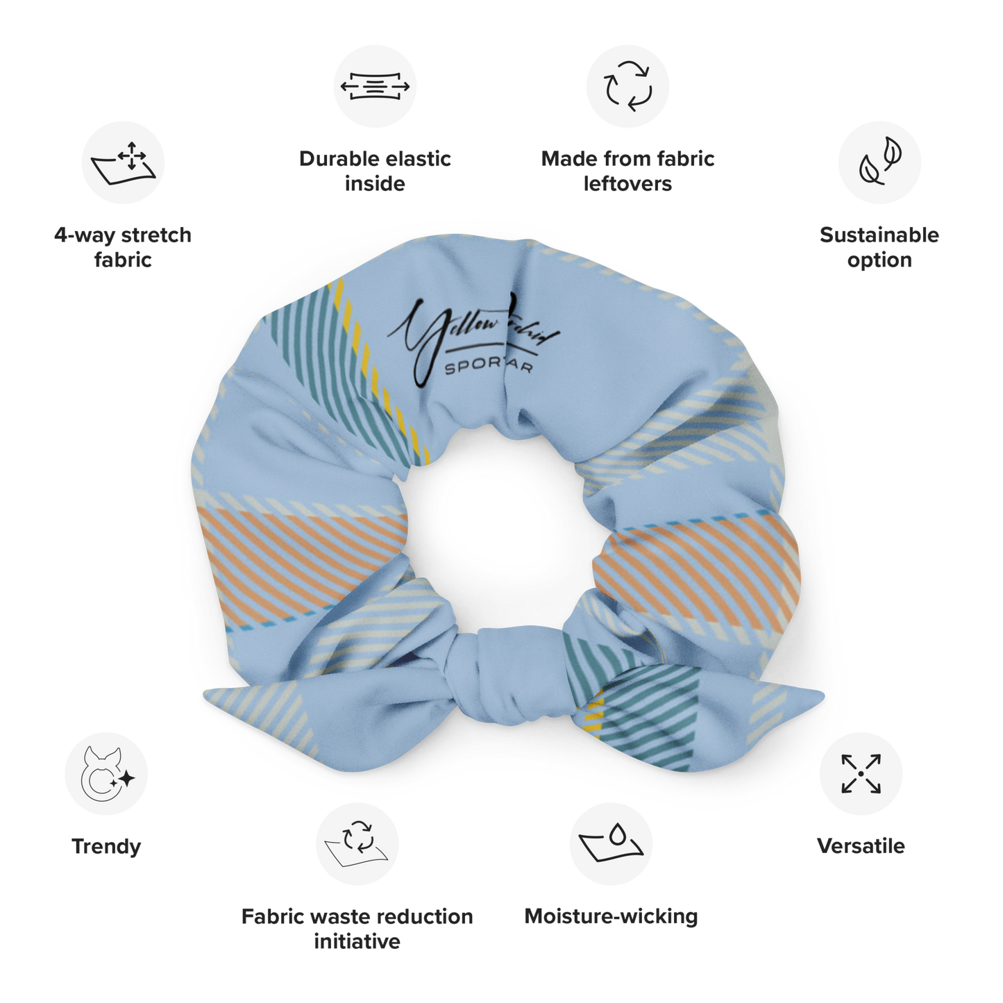 Women's Scrunchie & Hair Tie  | Checkered & Blue  | Eco Friendly  Recycled Polyester  | Yellow Orchid Sportswear  | #YO127-03